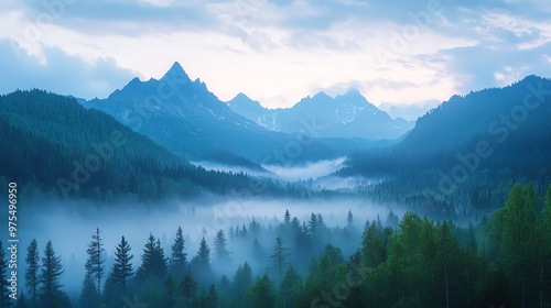 Wallpaper Mural A serene landscape featuring misty mountains, lush forests, and a tranquil valley under a soft blue sky. Torontodigital.ca