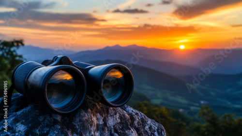 Binoculars atop a mountain at sunset, capturing a beautiful view. 