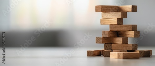 A tower of wooden blocks balanced on a tabletop, showcasing creativity and structural stability in a playful arrangement.