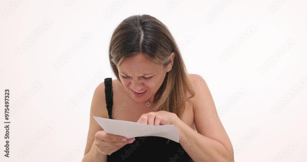 Businesswoman with vision problems reads papers on white background. Female entrepreneur tries to recognize text of document without glasses Businesswoman with vision problems reads papers on white background. Female entrepreneur tries to recognize text of document without glasses
