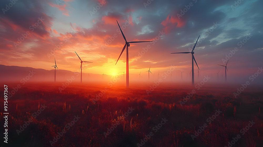 Wind Turbines at Sunset Landscape Illustration Wind Turbines at Sunset Landscape Illustration