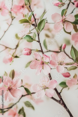 Pink Flowers on Branch Close-Up,