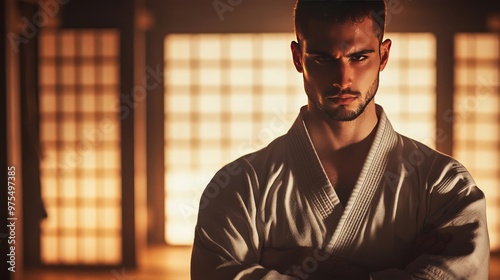 Martial Artist in Wooden Dojo with Arms Crossed, Radiating Focus and Determination under Soft Lighting