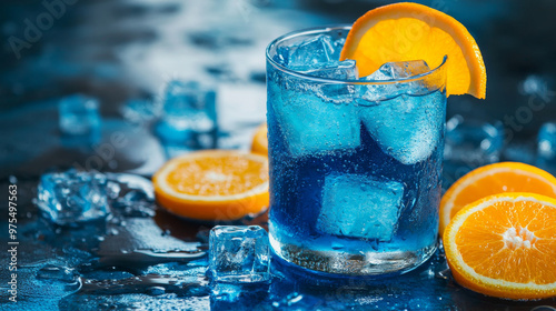 Blue Lagoon mocktail with soda, ice cubes, and fresh orange slices, offering a tangy twist.  photo