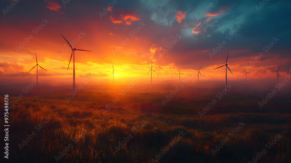 Wind Turbines Silhouette at Sunset - Illustration Wind Turbines Silhouette at Sunset - Illustration
