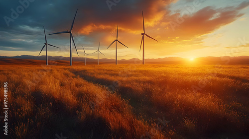 Wind Turbine Silhouette at Sunset in Grassy Field - Realistic Image