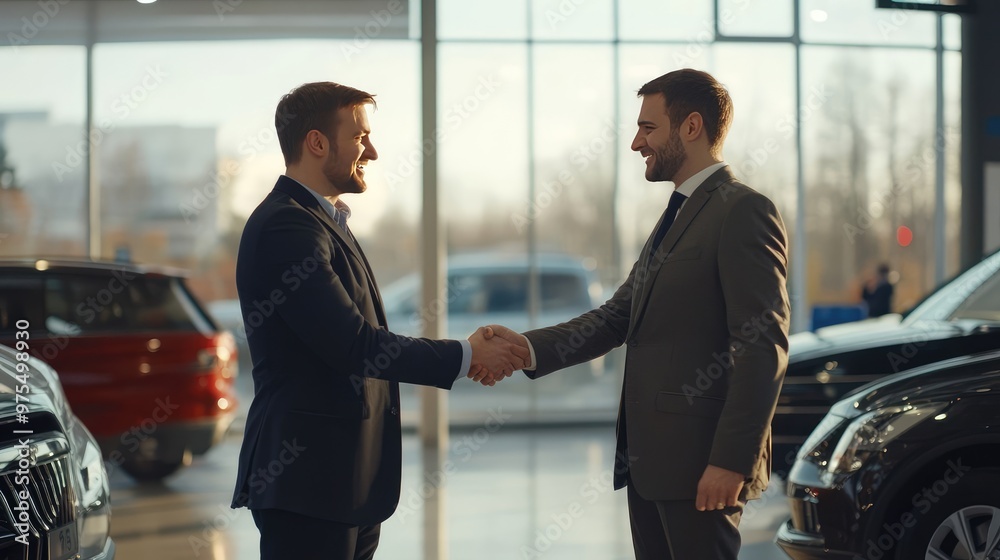Handshake Between Customer and Sales Manager in Car Dealership Following Luxury Car Purchase Handshake Between Customer and Sales Manager in Car Dealership Following Luxury Car Purchase