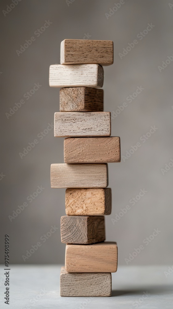A vertical stack of wooden blocks in various shades and textures, showcasing natural materials in a minimalist setting. A vertical stack of wooden blocks in various shades and textures, showcasing natural materials in a minimalist setting.