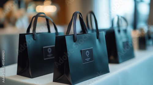 Corporate gifts and souvenirs for employees, presented in gift bags at a conference. 