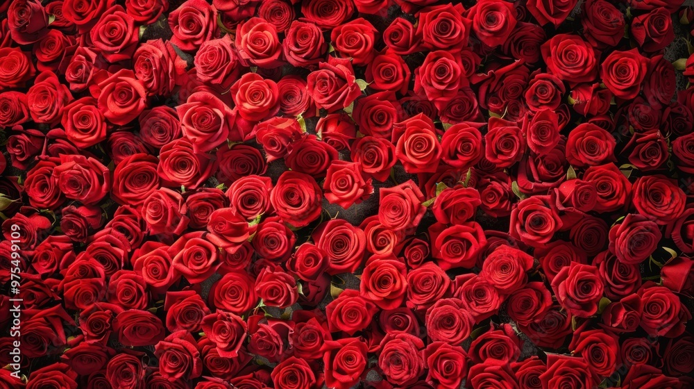 Top view of fresh red roses scattered beautifully in the background.