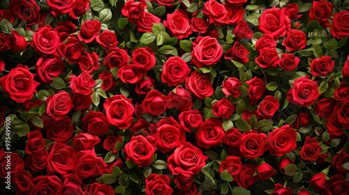 Top view of fresh red roses scattered beautifully in the background.