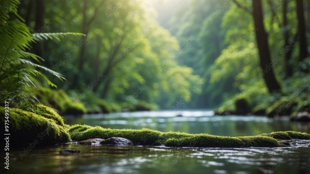 A lush green forest with a river running through it. A lush green forest with a river running through it.