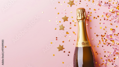 Golden champagne bottle with confetti stars and party streamers on a light pink background. Perfect for holiday celebrations.