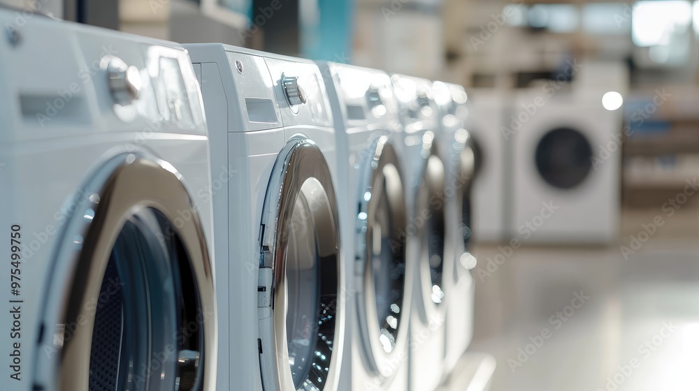 Efficient and Stylish Modern Washing Machines in Well-Lit Appliance Showroom Efficient and Stylish Modern Washing Machines in Well-Lit Appliance Showroom