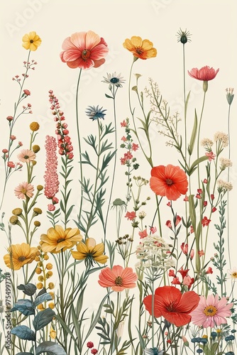 Hand-painted pattern of wildflowers and herbs in a naturalistic style