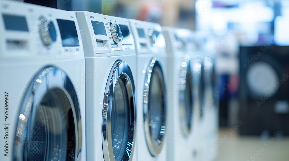 Efficient and Stylish Modern Washing Machines in Well-Lit Appliance Showroom Efficient and Stylish Modern Washing Machines in Well-Lit Appliance Showroom