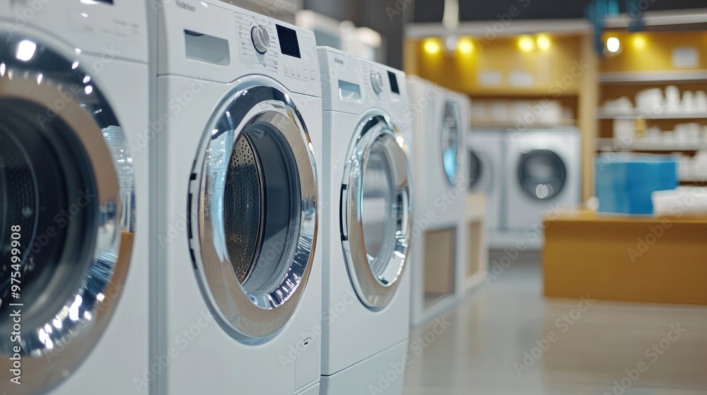 Efficient and Stylish Modern Washing Machines in Well-Lit Appliance Showroom Efficient and Stylish Modern Washing Machines in Well-Lit Appliance Showroom