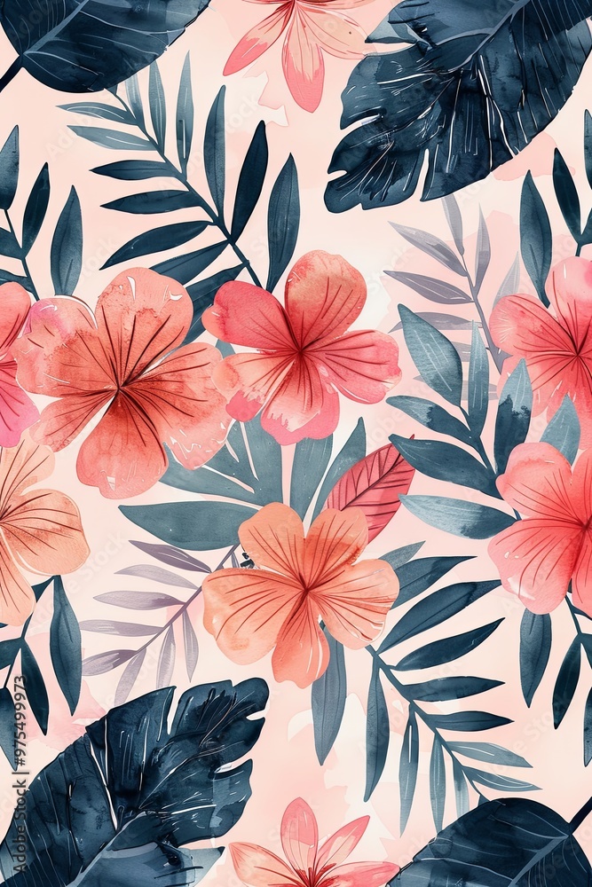 Seamless pattern of botanical elements in a soft, watercolor style Seamless pattern of botanical elements in a soft, watercolor style
