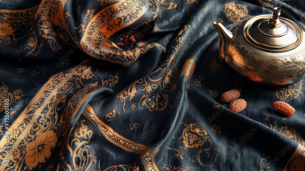 Iconic Arabian fabric adorned with symbols like tea and dates, representing Arabian hospitality. Iconic Arabian fabric adorned with symbols like tea and dates, representing Arabian hospitality.