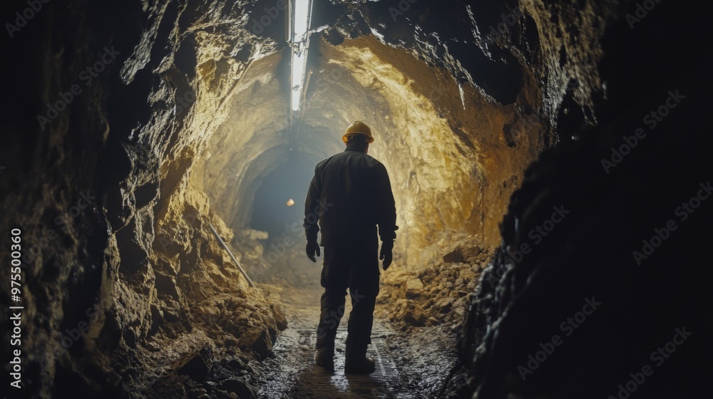 Obraz premium Geologist Working Underground in a Mining Tunnel