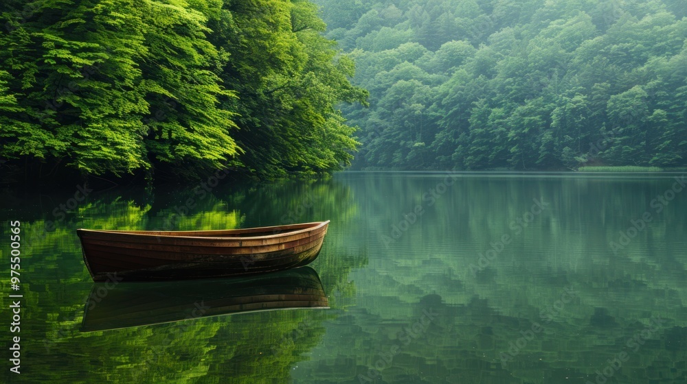 Photograph of a rowboat floating on a calm lake with lush green trees in the background and soft morning sunlight. Photograph of a rowboat floating on a calm lake with lush green trees in the background and soft morning sunlight.
