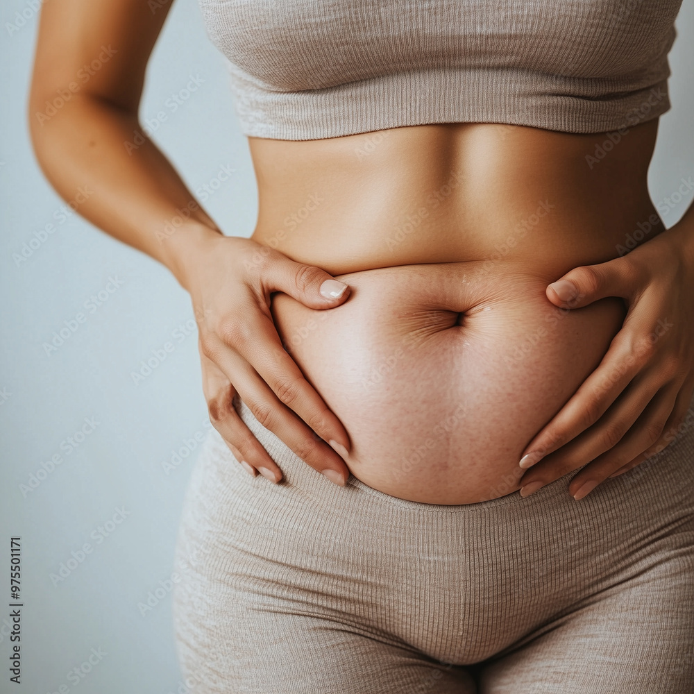 Close-up of a female abdomen showcasing overweight belly Close-up of a female abdomen showcasing overweight belly
