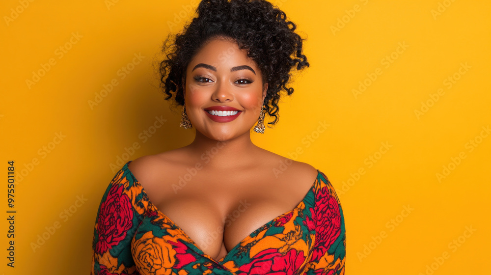 A confident plump woman smiles radiantly, embracing her body and showcasing her self-assured attitude. A confident plump woman smiles radiantly, embracing her body and showcasing her self-assured attitude.