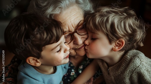 Two young boys are kissing their grandmother on the cheeks, showing love and affection.