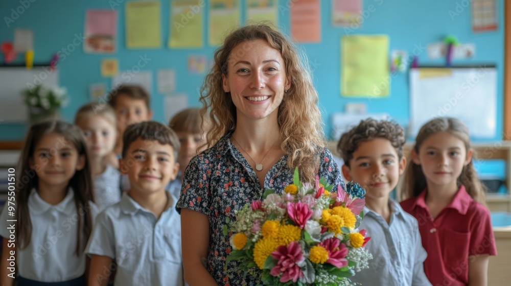 Fototapeta premium Happy school time. Portrait of first grade students with their female class teacher on first day of school. Woman with bouquet of flowers stands in classroom behind her young students