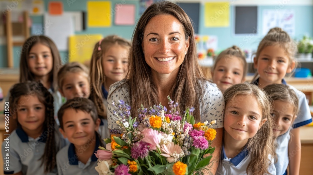Happy school time. Portrait of first grade students with their female class teacher on first day of school. Woman with bouquet of flowers stands in classroom behind her young students Happy school time. Portrait of first grade students with their female class teacher on first day of school. Woman with bouquet of flowers stands in classroom behind her young students