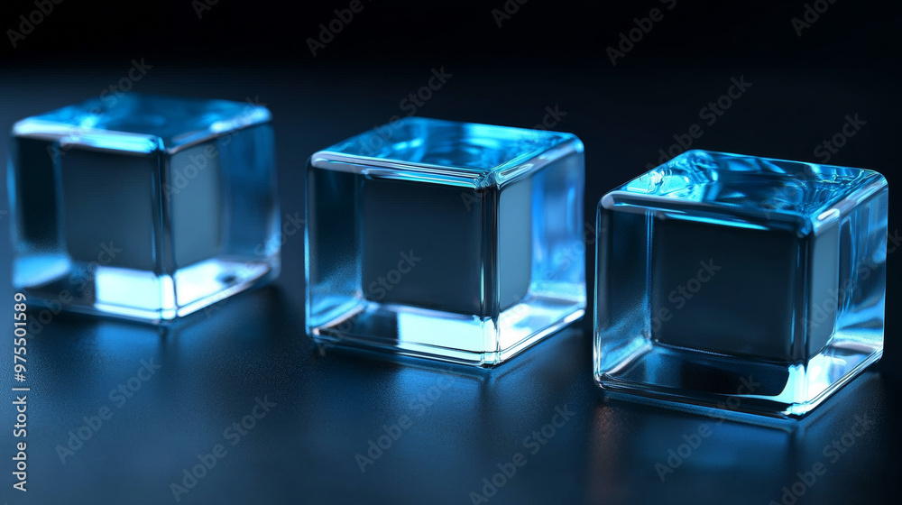 Three clear, blue glass cubes stand out against a dark background. They look like they're floating, creating a sense of openness and clarity. Three clear, blue glass cubes stand out against a dark background. They look like they're floating, creating a sense of openness and clarity.