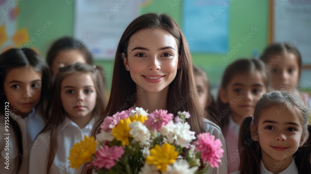 Happy school time. Portrait of first grade students with their female class teacher on first day of school. Woman with bouquet of flowers stands in classroom behind her young students