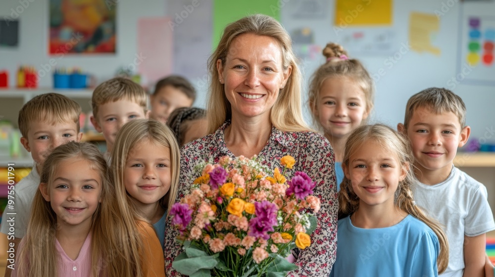 Happy school time. Portrait of first grade students with their female class teacher on first day of school. Woman with bouquet of flowers stands in classroom behind her young students Happy school time. Portrait of first grade students with their female class teacher on first day of school. Woman with bouquet of flowers stands in classroom behind her young students
