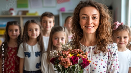 Happy school time. Portrait of first grade students with their female class teacher on first day of school. Woman with bouquet of flowers stands in classroom behind her young students