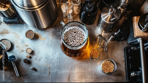 A close-up view of a home brewing setup showcases a glass carboy with bubbling fermentation, a stainless steel kettle, and various brewing ingredients on a kitchen counter photo