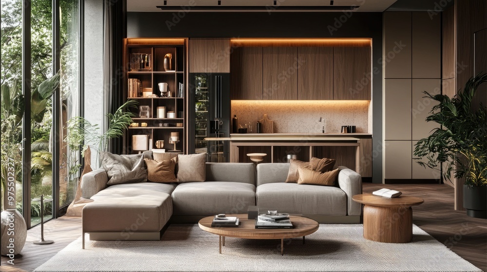 Modern living room with a large sectional sofa, coffee table, and open kitchen. There is a large window with a view of trees and plants. Modern living room with a large sectional sofa, coffee table, and open kitchen. There is a large window with a view of trees and plants.