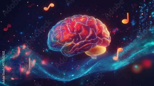 Human brain with vibrant melody wave and music notes, self care and mental health concept, positive thinking, creative mind. with copy space