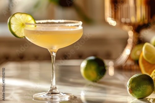 Brandy Margarita with brandy and lime, served in a stylish glass, elegant setting, copy space 