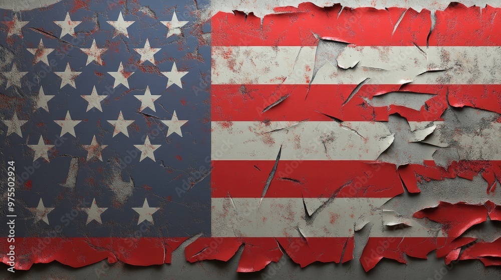 A distressed, faded American flag painted on a rough, textured surface. The paint is peeling and cracking, revealing the underlying material. A distressed, faded American flag painted on a rough, textured surface. The paint is peeling and cracking, revealing the underlying material.