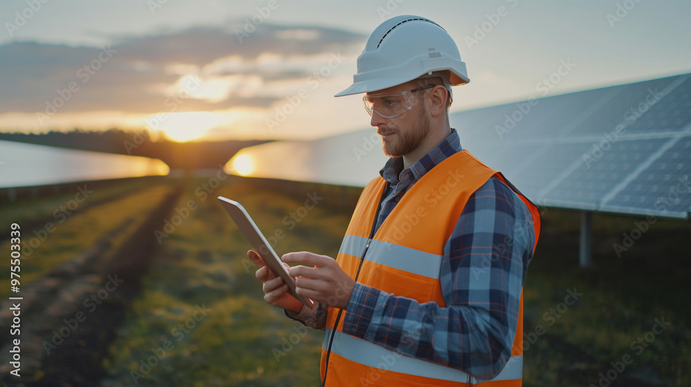 Engineer using a tablet to monitor solar energy production through a connected app, highlighting smart technology integration Engineer using a tablet to monitor solar energy production through a connected app, highlighting smart technology integration