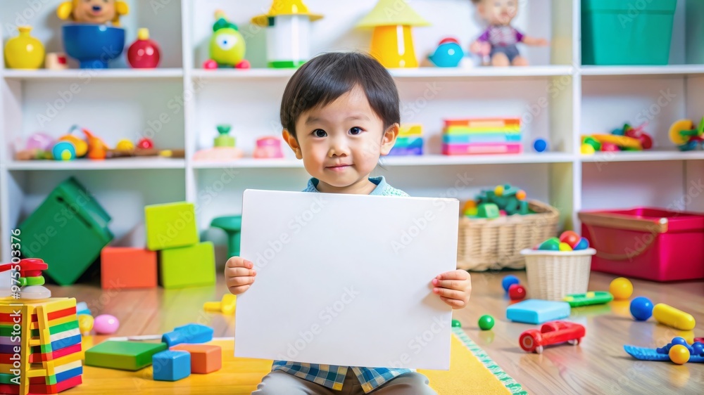 Playful Asian Child Holding Blank Poster in Vibrant Playroom. Creative Learning Moment Playful Asian Child Holding Blank Poster in Vibrant Playroom. Creative Learning Moment