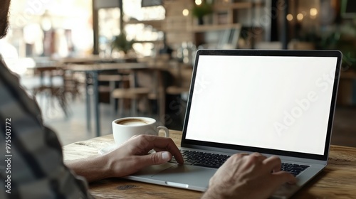 Young man working on his laptop with blank copy space screen for your advertising text message in office, Back view of business man hands busy using laptop at office desk