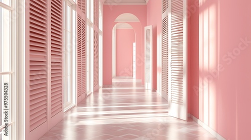 Delicate and chic interior of a pastel pink hallway with louver doors in 3D. photo