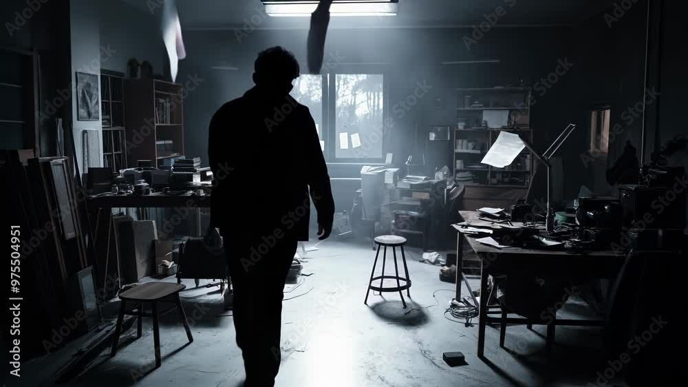 Dimly lit interior with scattered furniture and floating objects. Silhouette of person standing amidst eerie atmosphere. Dark shadows and muted tones create sense of mystery and unease. Dimly lit interior with scattered furniture and floating objects. Silhouette of person standing amidst eerie atmosphere. Dark shadows and muted tones create sense of mystery and unease.