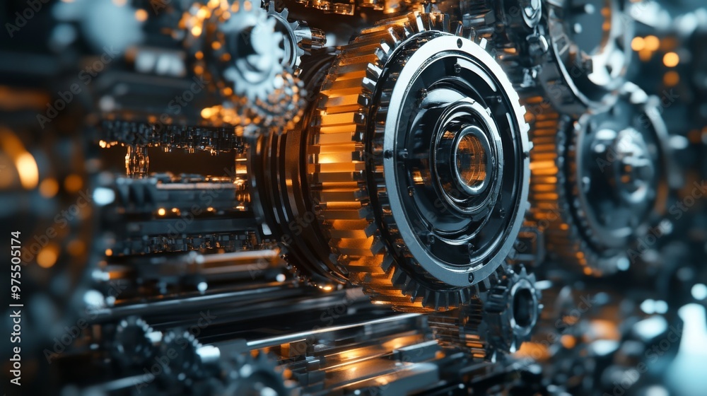 Intricate gears and machinery elements are featured, highlighting the complexity of industrial operations in a closeup setting Intricate gears and machinery elements are featured, highlighting the complexity of industrial operations in a closeup setting