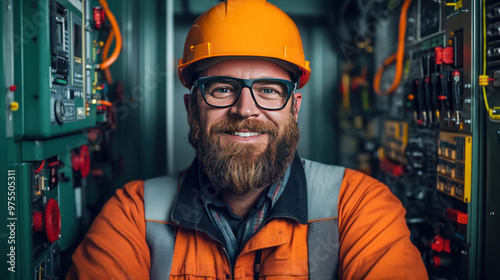 The engineer is captured smiling confidently, with tools and technical equipment surrounding him.