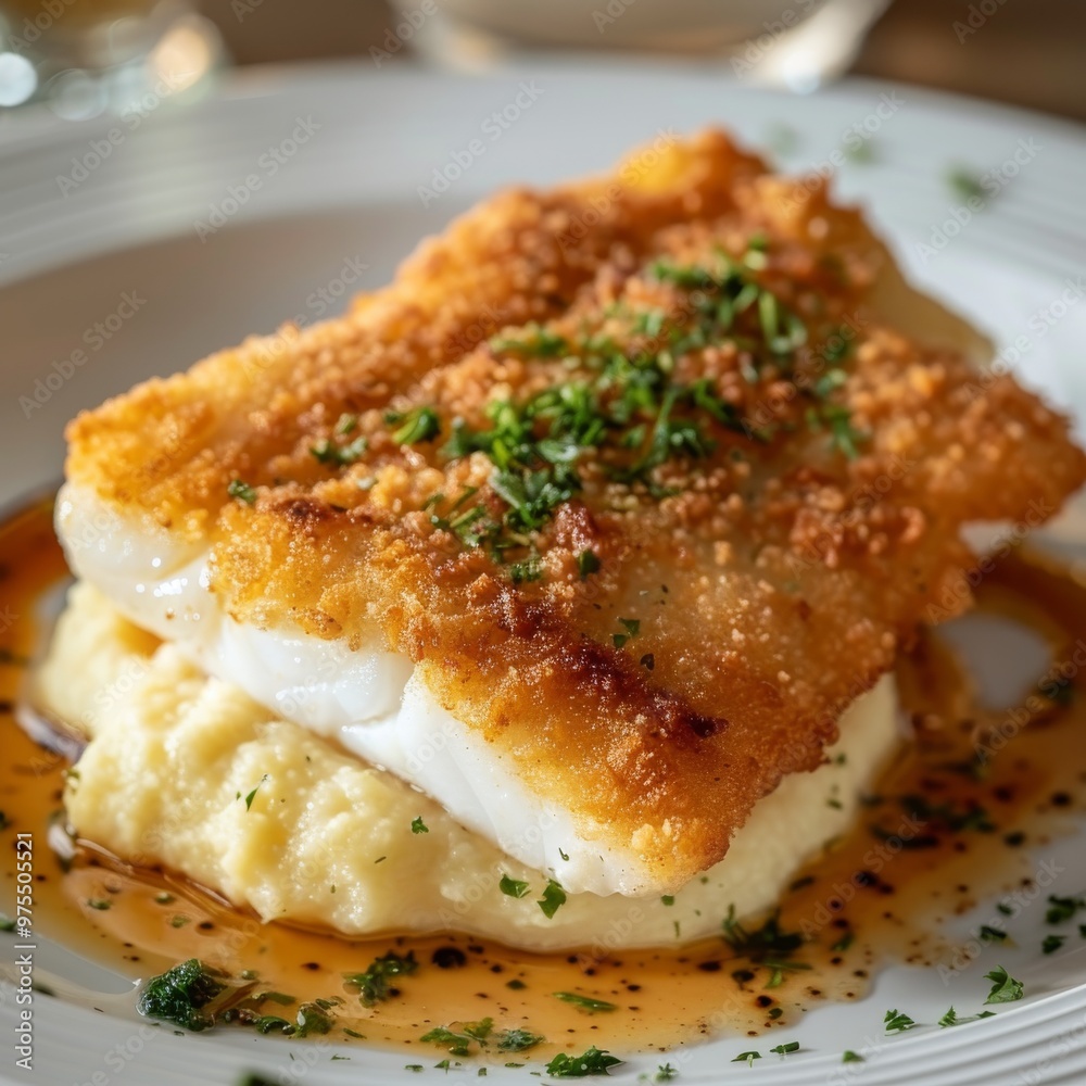 Breaded Halibut Fillet, Fried White Fish Meat with Parsnip Puree, Exquisite Seafood Dish Breaded Halibut Fillet, Fried White Fish Meat with Parsnip Puree, Exquisite Seafood Dish