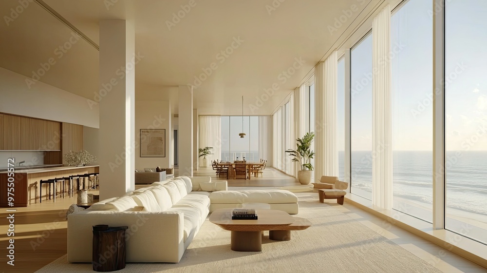 Fototapeta premium Modern living room with large windows offering a stunning ocean view.