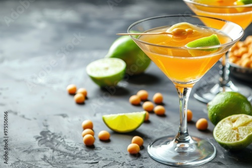 Butterscotch Cosmopolitan with butterscotch and lime, served in a martini glass, sweet treat background, copy space