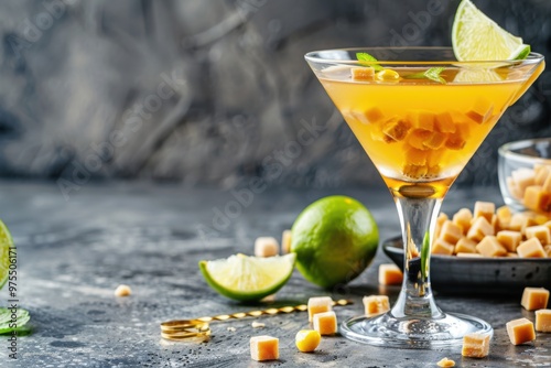 Butterscotch Cosmopolitan with butterscotch and lime, served in a martini glass, sweet treat background, copy space